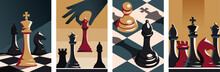 Collection Of Chess Posters. Colorful Templates With Various Chess Pieces, Checkered Board And Game Strategy. Intellectual Entertainment. Cartoon Flat Vector Collection Isolated On White Background