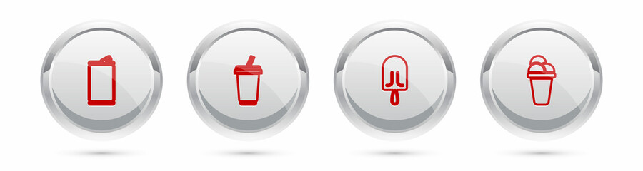 Sticker - Set line Aluminum can, Glass with water, Ice cream and . Silver circle button. Vector