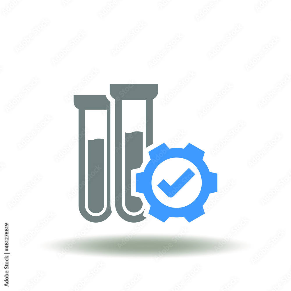 Vector illustration of test tube with gear and check mark. Icon of medical lab test. Symbol of laboratory chemical tests.