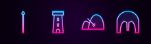 Set Line Medieval Spear, Castle Tower, Bale Of Hay And Rake And Iron Helmet. Glowing Neon Icon. Vector