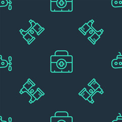 Sticker - Set line First aid kit, Binoculars and Submarine on seamless pattern. Vector