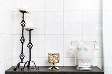 White Bathroom Tiles Tiled Wall Interior Bright Natural Light Design And Candle Holder Object Candelabra Decorations Modern Contemporary On Shelf Table Drawer