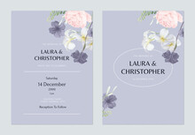 Floral Wedding Invitation Card Template Design, Various Flowers And Leaves On Purple