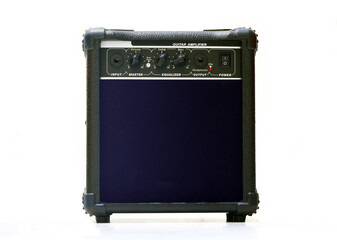 Guitar amplifier in close up over white background