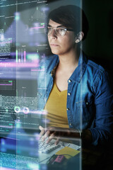 Writing code and developing software. Cropped shot of a young computer programmer looking through data.