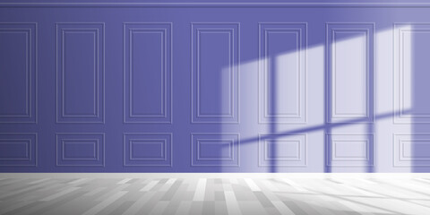 Wall Mural - empty classic interior with purple trendy color wall pannels wooden floor window sun light effect vector illustration