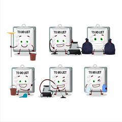 Wall Mural - Cleaning service paper sheet with clipboard cute cartoon character using mop