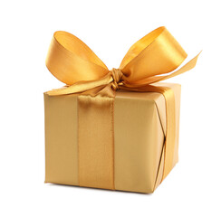 Beautiful gift box with golden ribbon and bow on white background