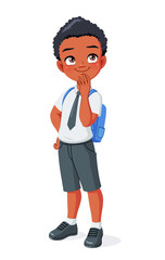 Wall Mural - Thinking African American school boy. Cartoon vector illustration.