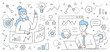 © klyaksun - Data analysis business concept, doodle analysts, office people work together research statistics charts, graphs and diagrams of sales management and operational reports, Line art vector illustration