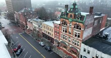 Historic Bethlehem Hotel And Business Shop Buildings. Overcast Foggy Morning Light. Aerial.