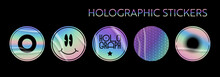 Holographic Stickers Set. Geometric Shapes Label With Rainbow Hologram And Wrinkles. Vector Elements For Modern Trend Design.