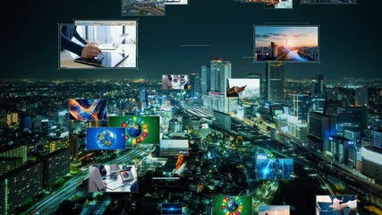 Poster - Modern city and various videos. Video distribution service. Streaming video. communication network. 