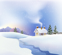 Cute House With Light From Windows On White Snow And Spruces Background. House, Frozen  Brook And Snow Vector