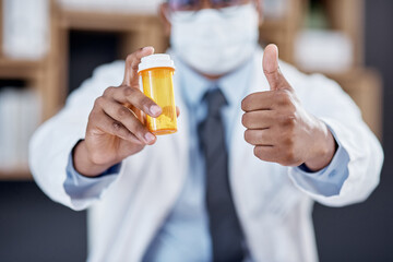 Wall Mural - this will solve it. closeup shot of an unrecognisable doctor holding a bottle of pills and showing t