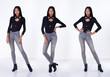 Full length body portrait of 20s Asian Woman long black hair vast short pant and shoes. Tanned skin