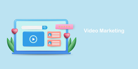 Video marketing, digital communication - 3d style concept. Abstract internet technology background with text.