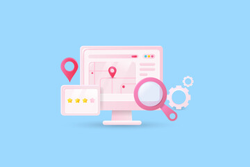 Wall Mural - Local seo, organic search engine results for local shops and small business, map pointer gps, find store conceptual 3d illustration, abstract background.