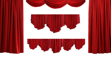 Wall Mural - Set with beautiful red curtains on white background