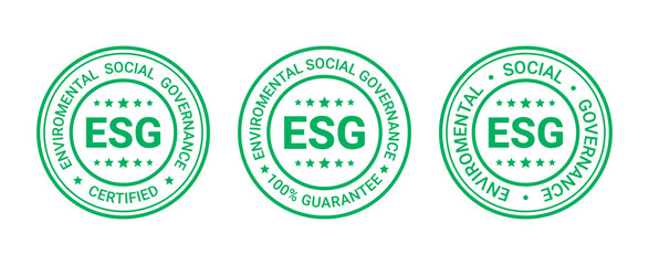 ESG label, icon. Environmental, social and governance round stamp. Emblem to indicate sustainable company economy. Business criteria badges set, isolated on white background. Vector illustration