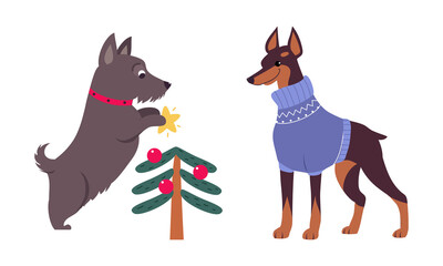 Canvas Print - Cute Dogs of Different Breed Dressed in Christmas Ugly Sweater and Decorating Fir Tree Vector Set