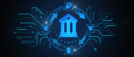 abstract online banking hologram on background. money, technology and trade concept. 3d rendering.