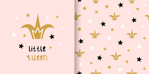 Set of card and seamless pattern with cute crown and stars.  Little queen