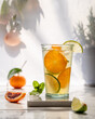 Orange and lime drink in a glass on a wooden table. Some fruits and mint near the glass. Clementines on the background.