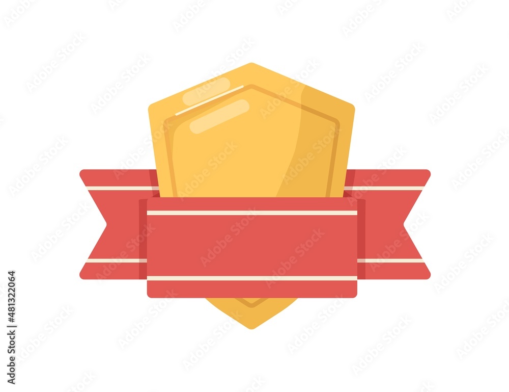 Gold shield-shaped medal badge with red ribbon. Military award for ...