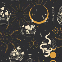 Wall Mural - abstract mystical image of wild poisonous witch mushrooms. cosmic moon phases and rituals