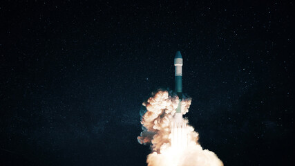 Wall Mural - new space rocket with puffs of smoke and blastoff successfully takes off into space.