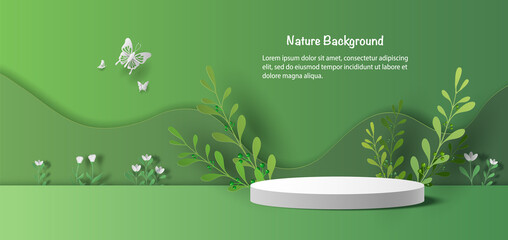 Wall Mural - Product banner, podium platform with geometric shapes and nature background, paper illustration, and 3d paper.