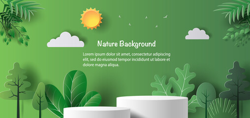 product banner, podium platform with geometric shapes and nature background, paper illustration, and