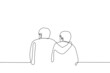 two men stand side by side and one put his hand on the other - one line drawing vector. concept male hug, friendship, love, brotherhood, skinship