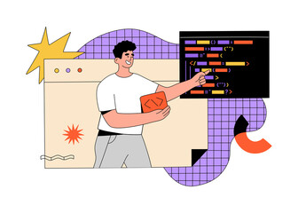 programmer is working on writing codes on special language. concept of software development and web 