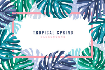 Canvas Print - Tropical spring Background with Monstera Leaves around and pink frame Vector Design