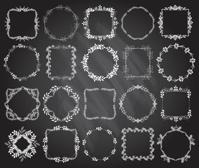 Wall Mural - creative authentic chalk frames set decorated leaves and flowers against chalkboard background