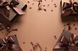 © New Africa - Frame of beautiful gift boxes and confetti on brown background, flat lay. Space for text