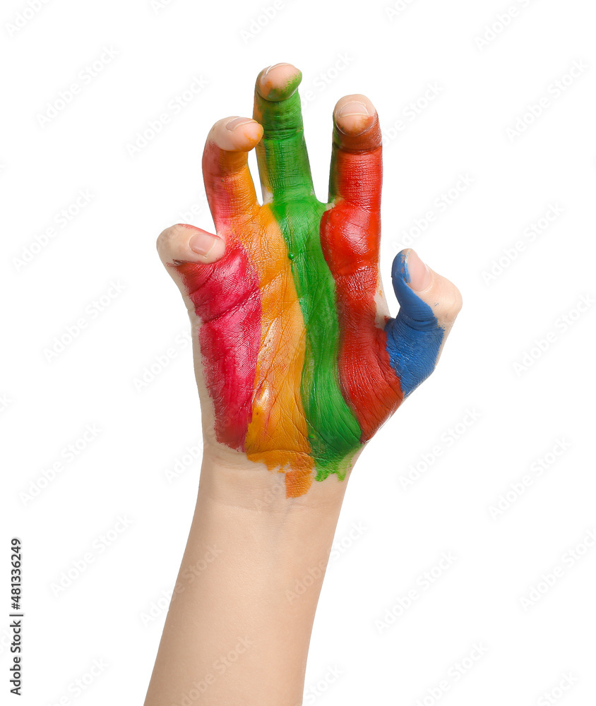 Child's hand in paint on white background