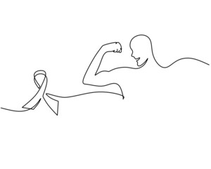 Wall Mural - One single continuous line of sportsman and ribbon for world cancer day isolated on white background.