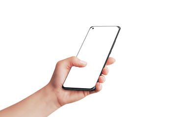Leinwandbilder - Phone in woman hand with isolated screen and background for app presentation. Close-up side view