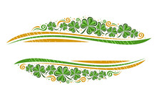 Vector Border For St Patrick's Day With Copyspace For Text, Horizontal Template With Illustration Of Shamrock Leaves And Decorative Flourishes, Floral Concept For St Patricks Day On White Background