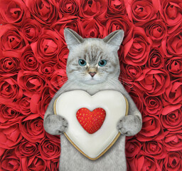 Wall Mural - An ashen cat holds a heart shaped biscuit. Red roses background. 