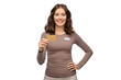 © Syda Productions - sale, shopping and business concept - happy female shop assistant holding golden credit card over white background