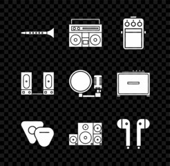 Poster - Set Clarinet, Home stereo with two speakers, Guitar pedal, pick, Stereo, Air headphones, and Microphone icon. Vector