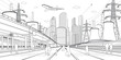 Wide highway. Modern night town. City energy system. Car overpass. People walking at street. Infrastructure urban illustration. Black outlines on white background. Vector design art 