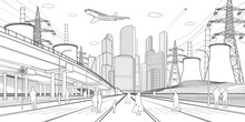 Wide Highway. Modern Night Town. City Energy System. Car Overpass. People Walking At Street. Infrastructure Urban Illustration. Black Outlines On White Background. Vector Design Art 