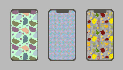 set of screensavers for mobile phone and website with kittens, autumn leaves and geometric pattern
