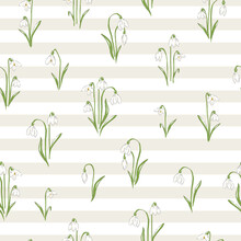 Snowdrops Flower On Neutral Stripy Background Hand Drawn Vector Seamless Pattern. Vintage Romantic Spring Garden Bloom Background. Retro Floral Print For Easter Spring Design
