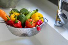 Fresh Nutritious Vegetables Washed In A Colander.